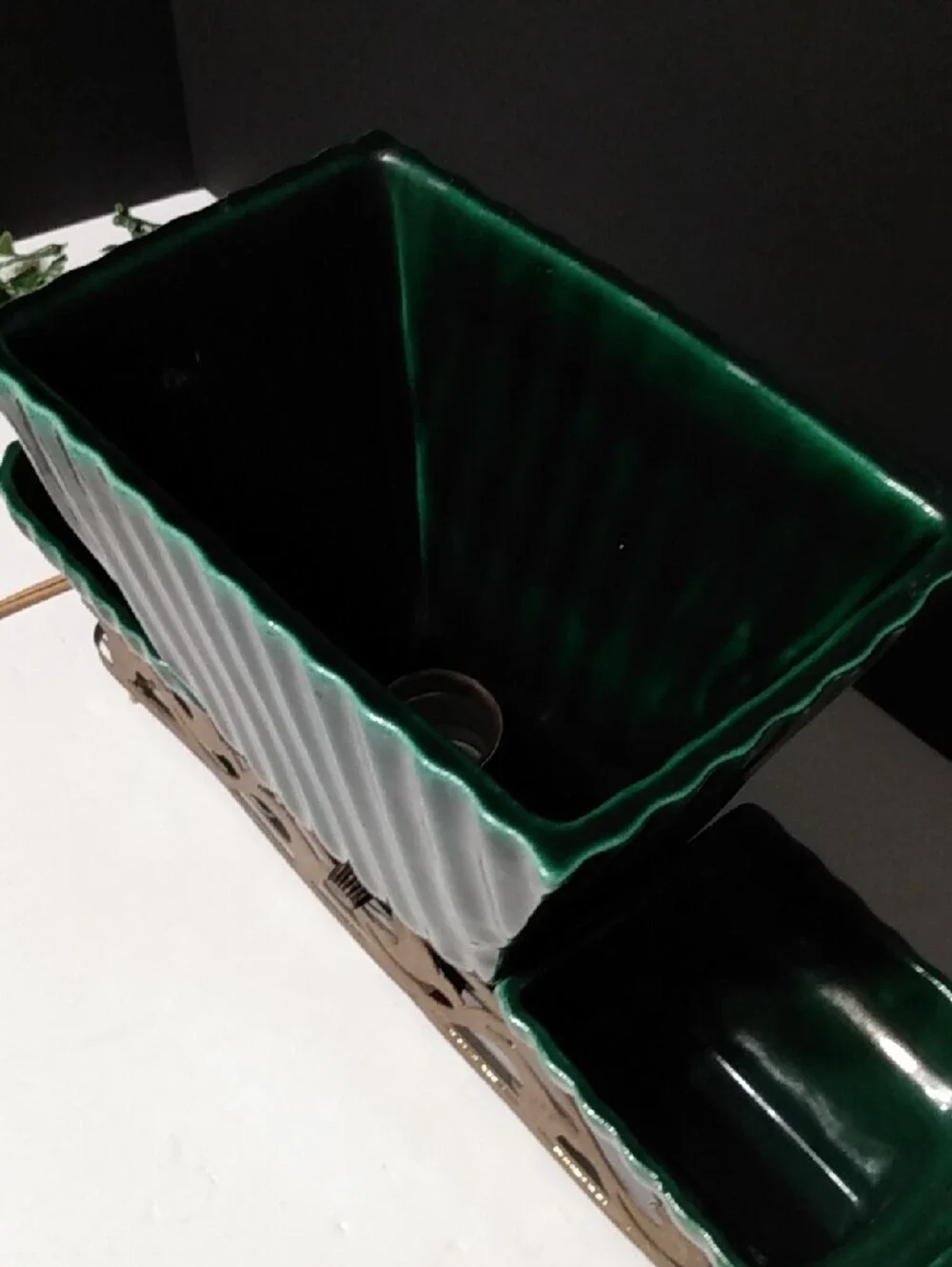 Green Glazed Ceramic Planter Trio with Gold Metal Holder